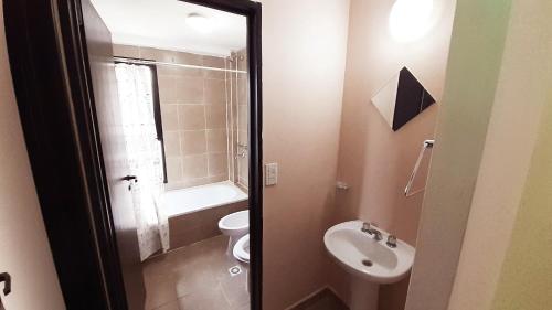 a bathroom with a sink and a toilet and a shower at Céntrico, Cómodo y Cálido, Dto con Hermosa Vista in Ushuaia