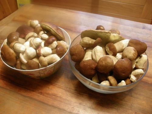 two bowls filled with nuts on a wooden table at Apartment Šavli in Kobarid