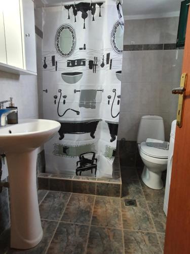 a bathroom with a shower and a sink and a toilet at Elena Apartments in Asprovalta