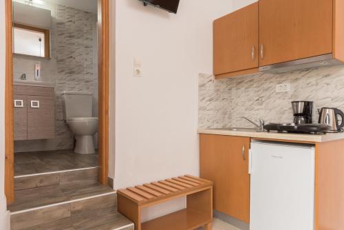 a kitchen with a sink and a toilet in a room at Oriental Bay in Palaiochora