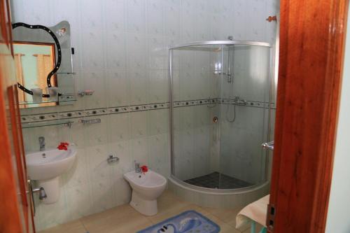a bathroom with a shower and a toilet and a sink at Villa Bedier Self-catering Apartments in Baie Sainte Anne