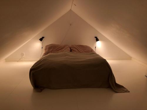 1 cama en una habitación con 2 luces en el suelo en Country-living with a lovely view and own terrace, entrance and parking, en Roskilde