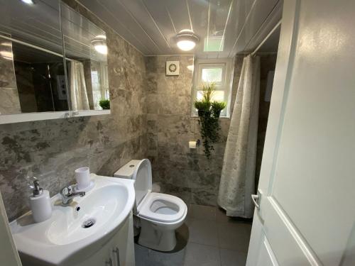 uma casa de banho com um lavatório e um WC em Charming, cosy hideaway with free WiFi, parking em Roundhay
