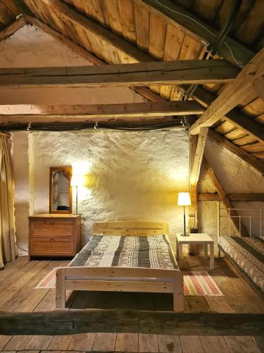 a bedroom with a bed and a dresser and a mirror at Mazurski Ogród - dom z ogrodem, kominkiem i wiatą biesiadną in Wydminy