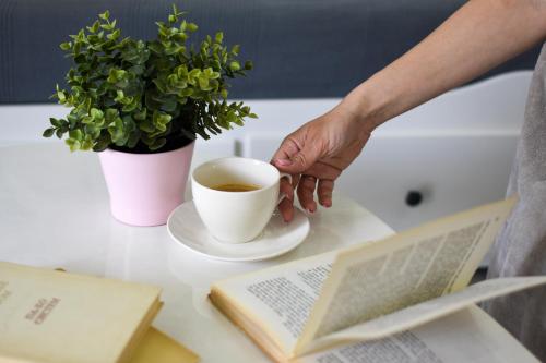 a person holding a cup of coffee and a book at GardenLux Vrdnik in Vrdnik