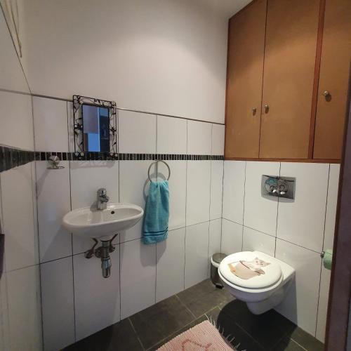 une salle de bain avec toilettes et lavabo dans l'établissement Chez J, appartement à l'étage, T3, à Lecci