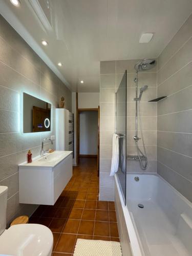 une salle de bain avec une baignoire, un lavabo et des toilettes dans l'établissement Maison de ville a 5 min à pied de la tour Luma, à Arles