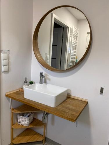 a bathroom with a white sink and a mirror at Przystanek Ińsko in Ińsko