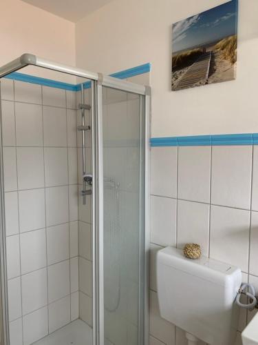 a white bathroom with a shower and a toilet at Noorhus - Kurzurlaub an der Ostsee in Maasholm