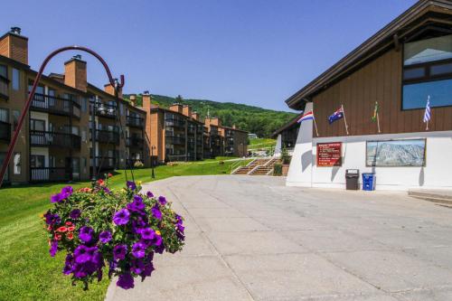 a bouquet of purple flowers in front of a building at Okemo Mountain Lodge B203 in Ludlow