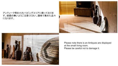 a collage of two pictures of a room with a statue at Pine House in Ginoza in Ginoza