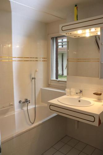 a bathroom with a sink and a shower and a mirror at Residence Edelweiss in Bellwald