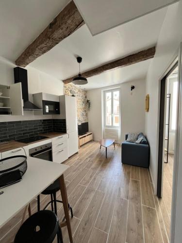 a kitchen and living room with a table and a couch at Superbe appartement au coeur du Mourillon refais à neuf proche des plage in Toulon