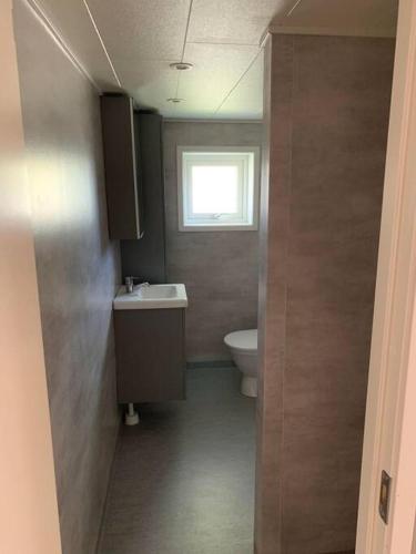 a bathroom with a toilet and a sink and a window at Naturnära gård i Tyfta in Tyfta