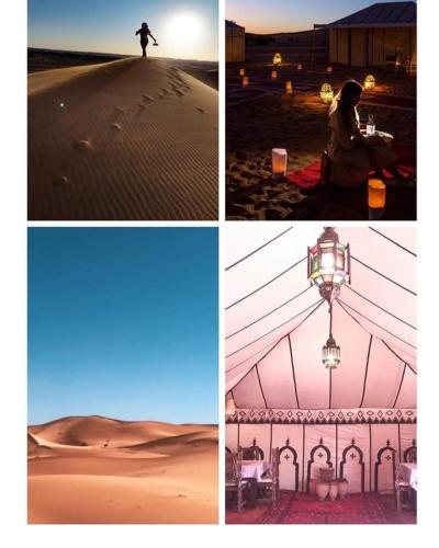 four different pictures of a person in the desert at desert camp sahara luxury in Merzouga