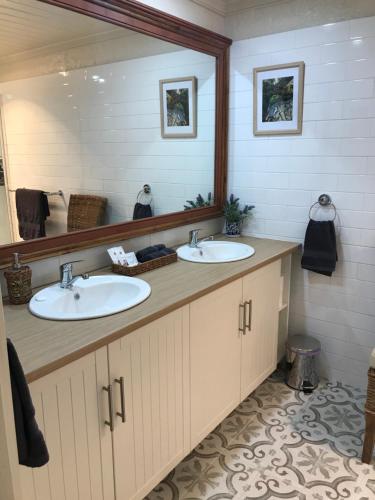 łazienka z 2 umywalkami i dużym lustrem w obiekcie Silwood Apartment fully self contained with Kitchen and Laundry w mieście Devonport
