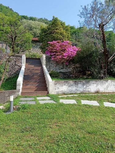 a wooden walkway in a garden with pink flowers at Ca' del Barba in Domaso