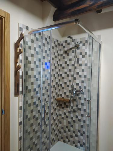 a bathroom with a shower with a glass door at Casa das Pozas in Distriz
