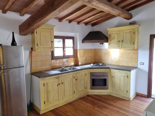 a kitchen with wooden cabinets and a sink and a refrigerator at Podere Vecci in Dicomano