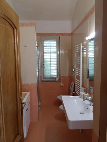 a bathroom with a sink and a toilet and a mirror at Villa Vecchio Ulivo in Sarconi