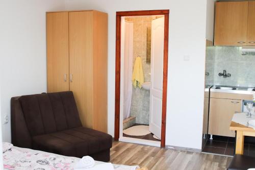 a room with a chair and a bathroom with a shower at Charming studio Maša in Palić
