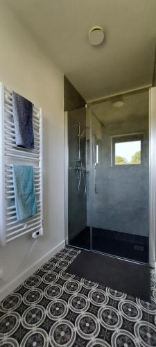 baño con ducha y puerta de cristal en Maison Belle Vue, en Gouvy