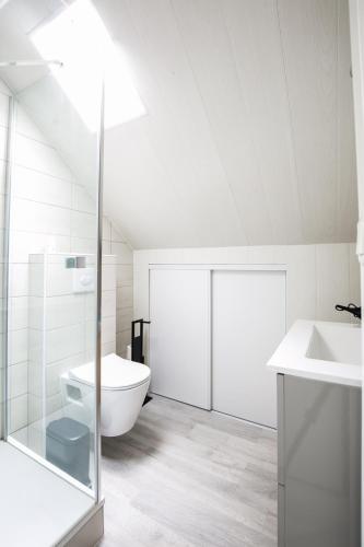 a white bathroom with a toilet and a sink at Les rayonnantes in La Roche-Maurice