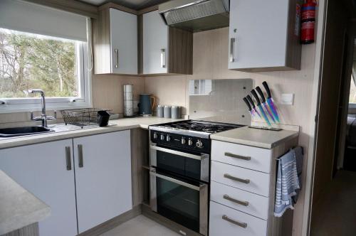 a small kitchen with a stove and white cabinets at Silver Birch Retreat - Percy Woods Country Retreat With 18 HOLE FREE GOLF in Alnwick