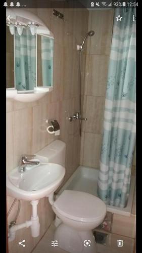 W łazience znajduje się umywalka, toaleta i prysznic. w obiekcie Dvokrevetna soba s balkonom i kuhinjom w Podgorze