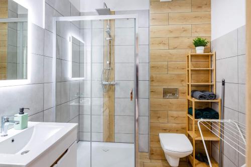 a bathroom with a shower and a toilet and a sink at Apartamenty Stołowe in Kudowa-Zdrój