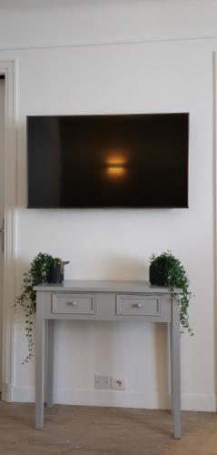 une table blanche avec deux plantes en pot et une télévision à écran plat dans l'établissement Chaleureux Studio au centre de Valberg, à Valberg