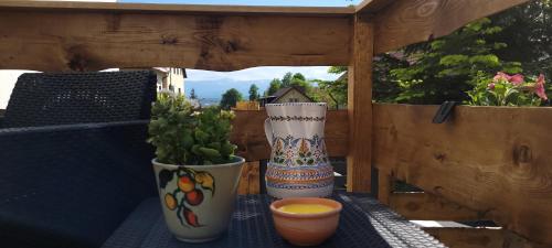 a couple of vases sitting on a table with a plant at Apartamenty Pod Uwalonym Dębem in Jeżów Sudecki