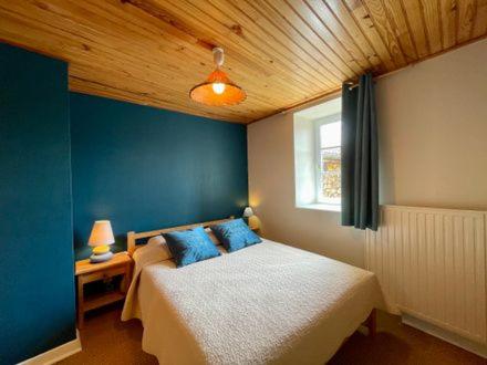 a bedroom with a bed with blue walls and a window at gite La Fermette in Valprivas