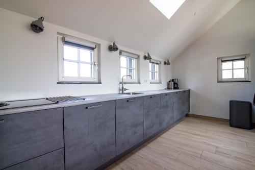 a large kitchen with grey cabinets and windows at erve Middendorp in Ansen