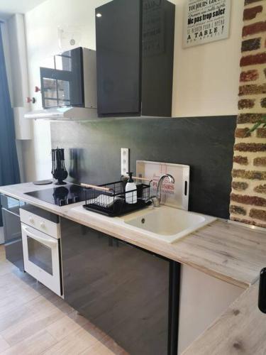a kitchen with a sink and a counter top at gîte Cosy Green 2 in Chevincourt