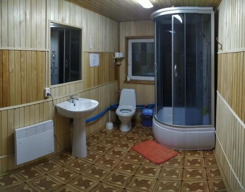ヴェルホヴィナにあるUsadba Yuryevykhのバスルーム(シンク、シャワー、トイレ付)