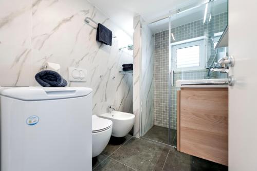 a bathroom with a toilet and a sink and a shower at Casa Bellavista Sea View in Rovinj