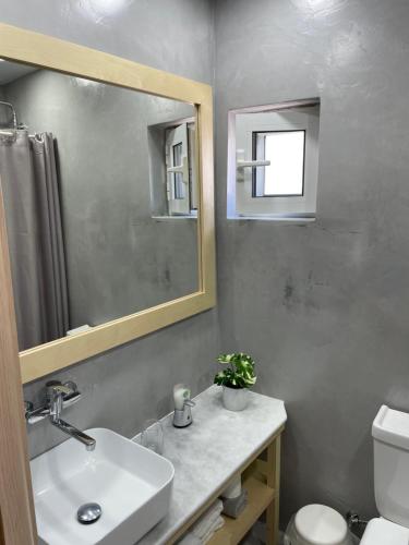 a bathroom with a sink and a mirror and a toilet at Thalassa view in Áyioi Apóstoloi