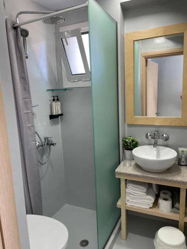a bathroom with a shower and a sink at Thalassa view in Áyioi Apóstoloi