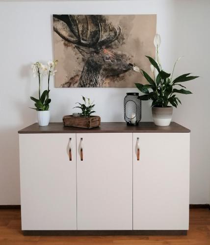 a white cabinet with two potted plants on top at Hölbinger Alm - Apartments in Anger
