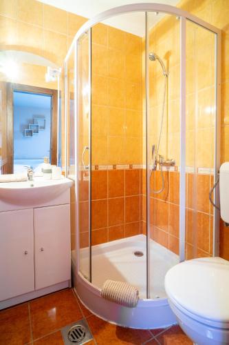 a bathroom with a shower and a toilet and a sink at Lator-Boross Vendégház in Villány