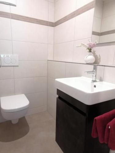 a white bathroom with a sink and a toilet at Hölbinger Alm - Apartments in Anger