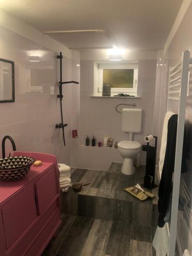 a bathroom with a toilet and a red cabinet at HannaHs in Salzhausen