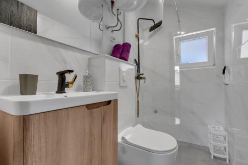 La salle de bains est pourvue d'un lavabo, de toilettes et d'une douche. dans l'établissement Kuća za odmor LEMON TREE Makarska, à Makarska