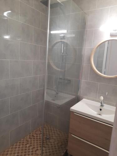 ein Bad mit einer Dusche, einem Waschbecken und einem Spiegel in der Unterkunft appart entierement renové les coches - la Plagne in Bellentre