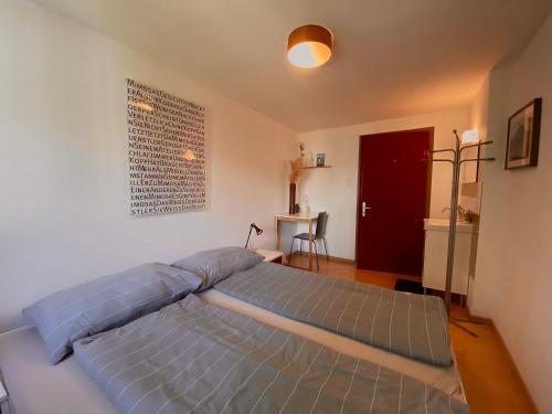 1 cama grande en un dormitorio con puerta roja en Budgetapartment Martinsturm von Swisspartments, en Arbon