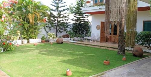a yard with green grass and trees and a building at Villa Ekabo in Cotonou