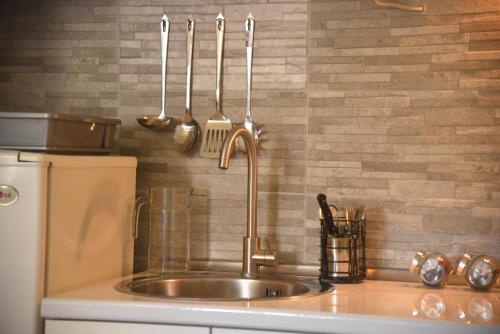 a kitchen sink with utensils hanging above it at Dekart Apartment in Niš