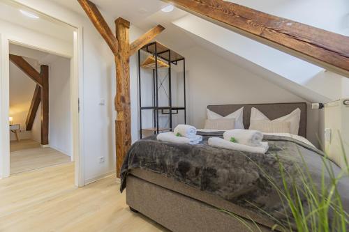 Ένα ή περισσότερα κρεβάτια σε δωμάτιο στο Lausitz-Apartment, 80m2, Waschtrockner, 2 x Parkplätze, Küche, Netflix