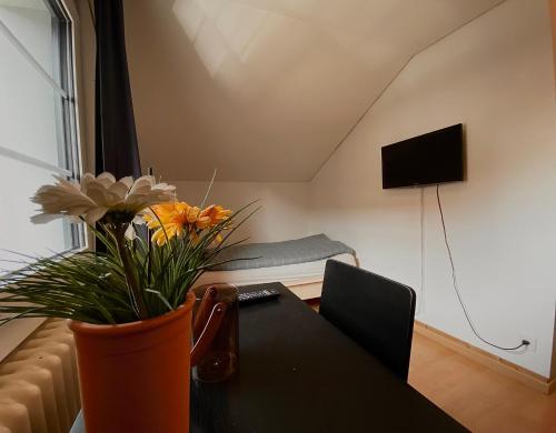 a room with a table with a vase of flowers at Budgetapartment Pfänder von Swisspartments in Arbon